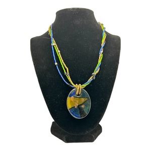 Fused Glass Handmade Artisan Beaded Necklace | Green Blue Brown Gold
